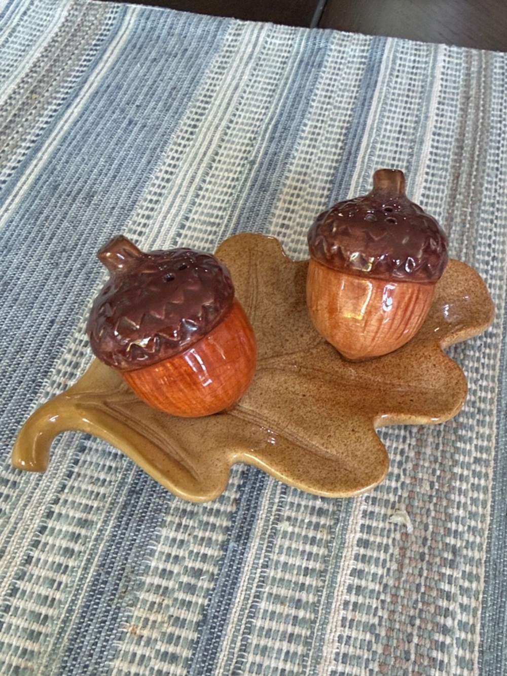 Autumn Acorn Salt and Pepper Set with Leaf Tray - Brown/Amber